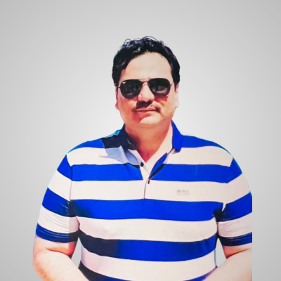 Man wearing sunglasses and a blue and white striped polo shirt.