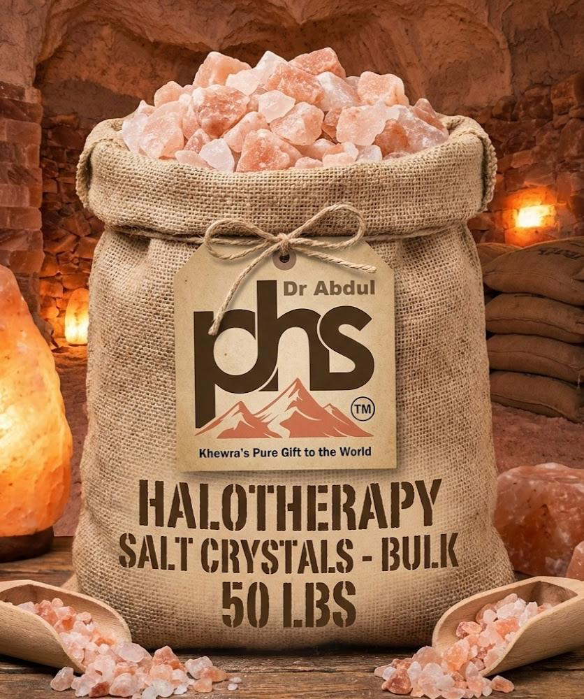 A burlap sack of 50 lbs Himalayan salt crystals for halotherapy.