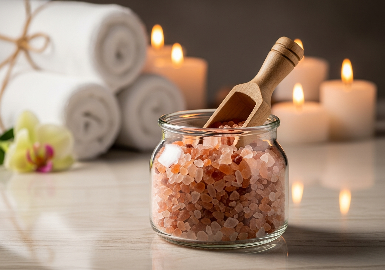 A jar of pink Himalayan salt with spa candles and rolled towels in the background.