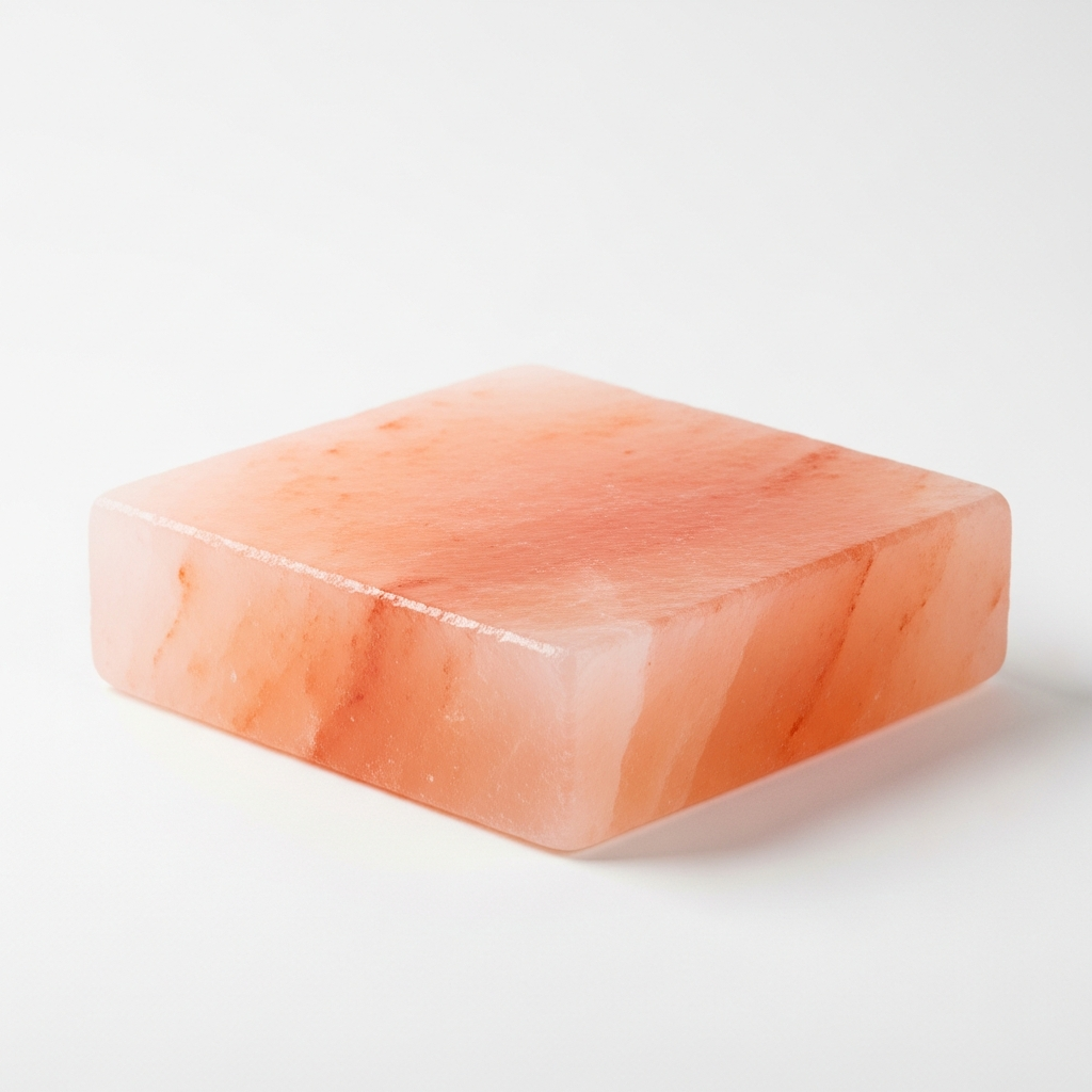 Square pink Himalayan salt block with smooth edges.