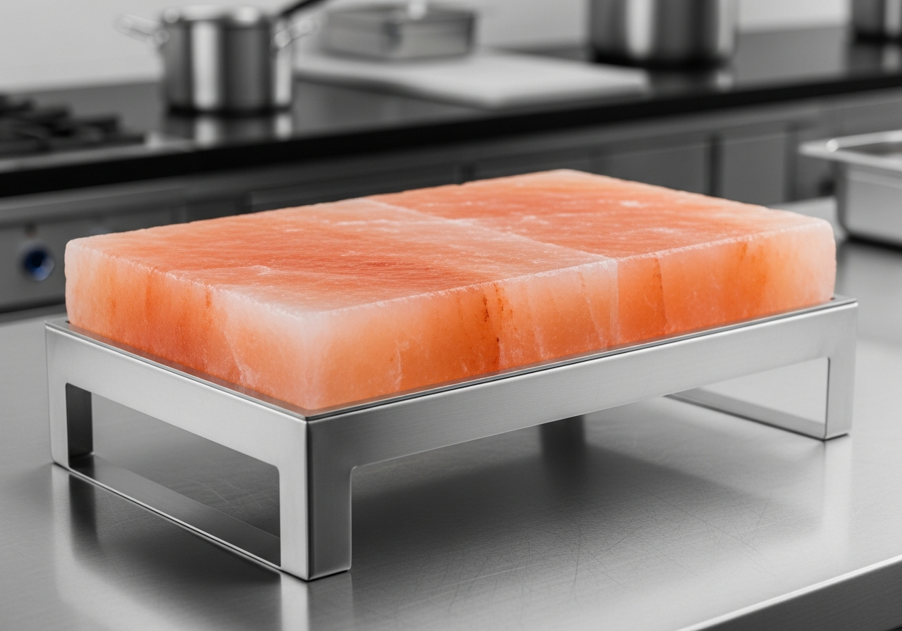 Rectangular Himalayan salt block on a metal stand in a kitchen.