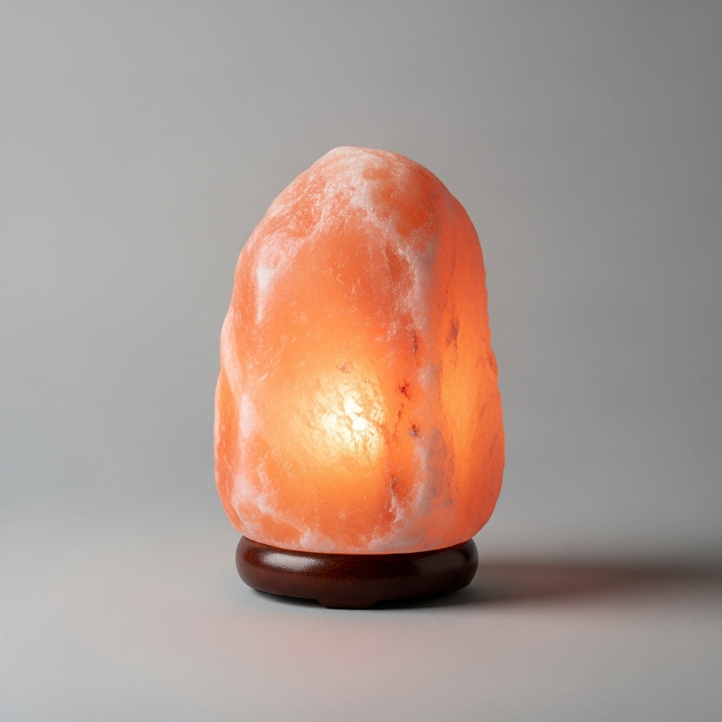 Glowing Himalayan salt lamp with wooden base.