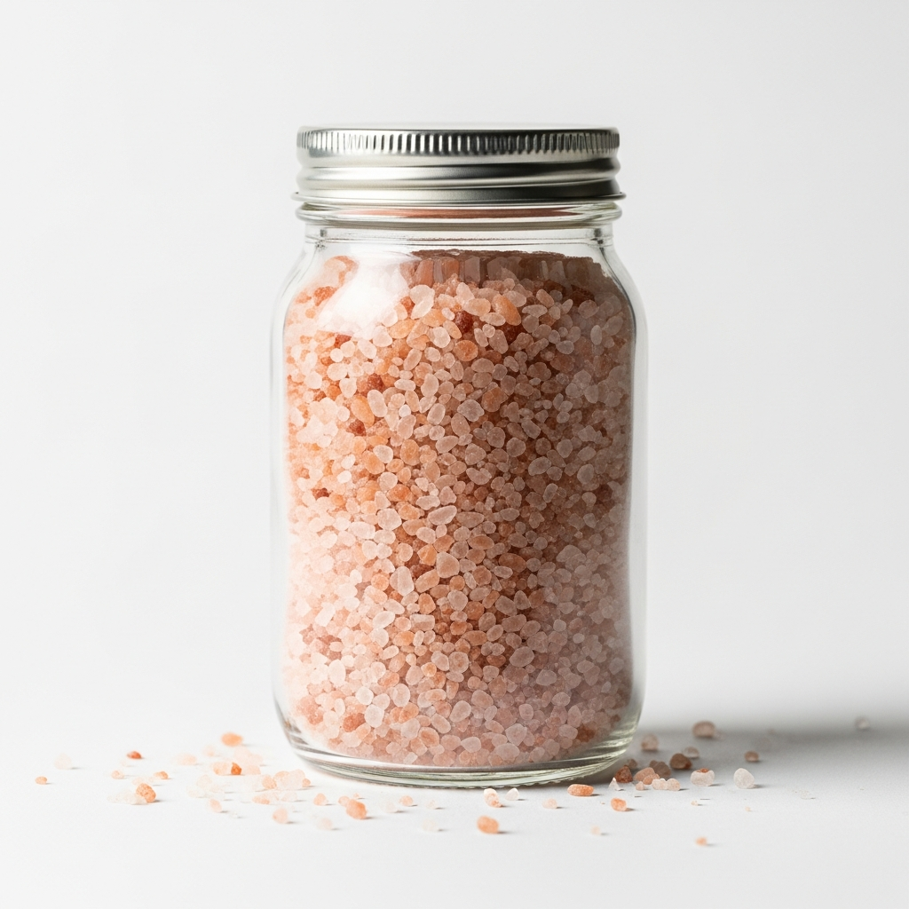 A glass jar filled with pink Himalayan salt.
