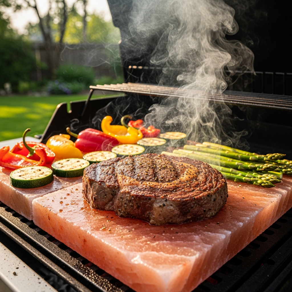 A steak and vegetables grilling on a smoke-emitting grill.