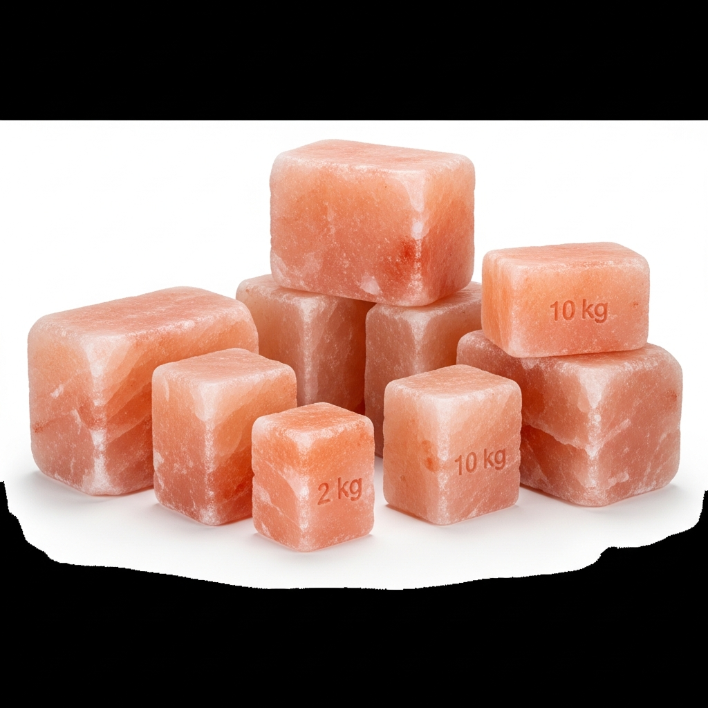 Stack of pink Himalayan salt cubes on a white surface.
