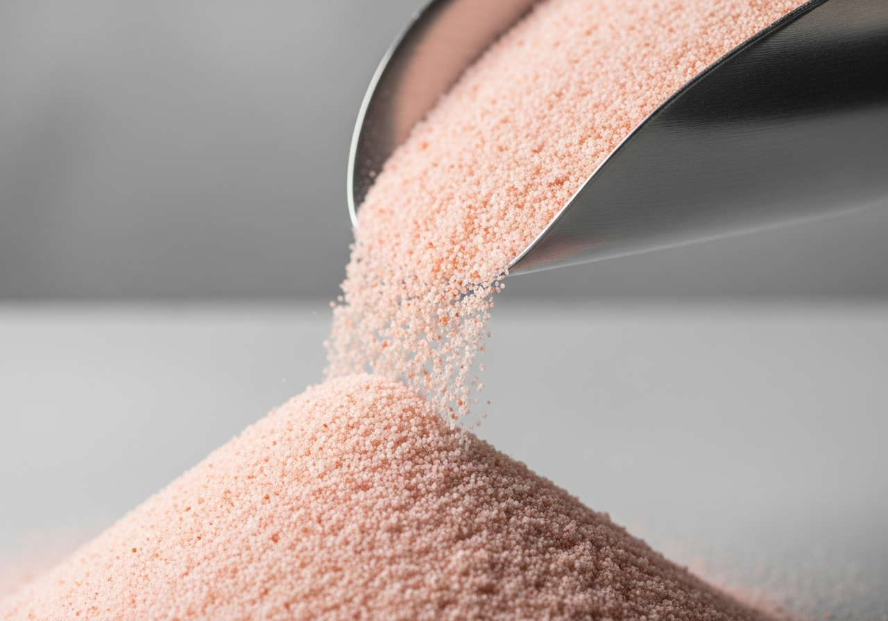 Pink salt being poured from a scoop.