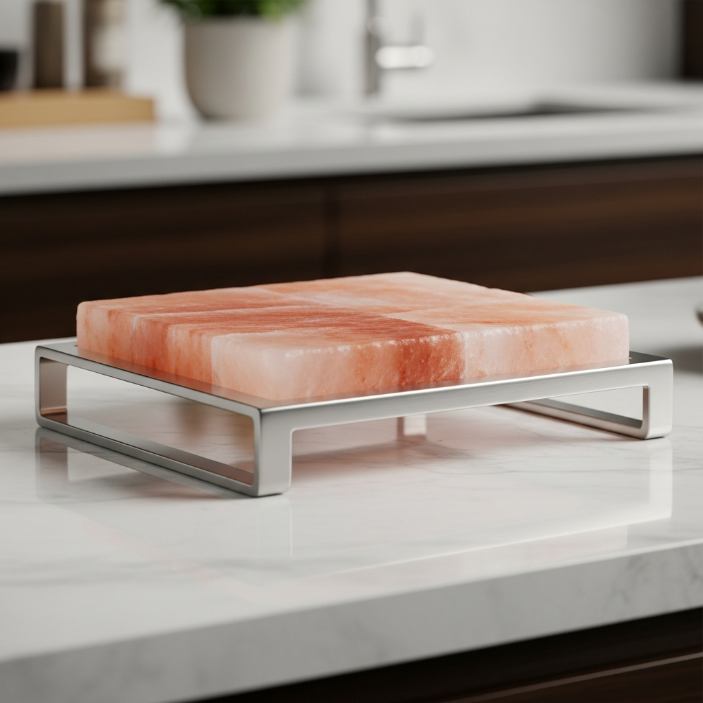 Himalayan salt soap bars on a modern metal soap dish.