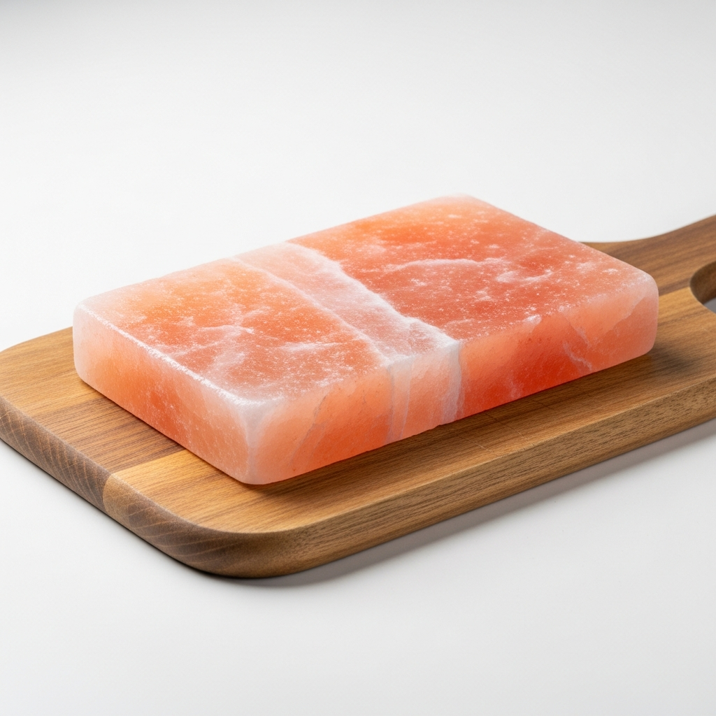 Rectangular Himalayan salt block on a wooden board.