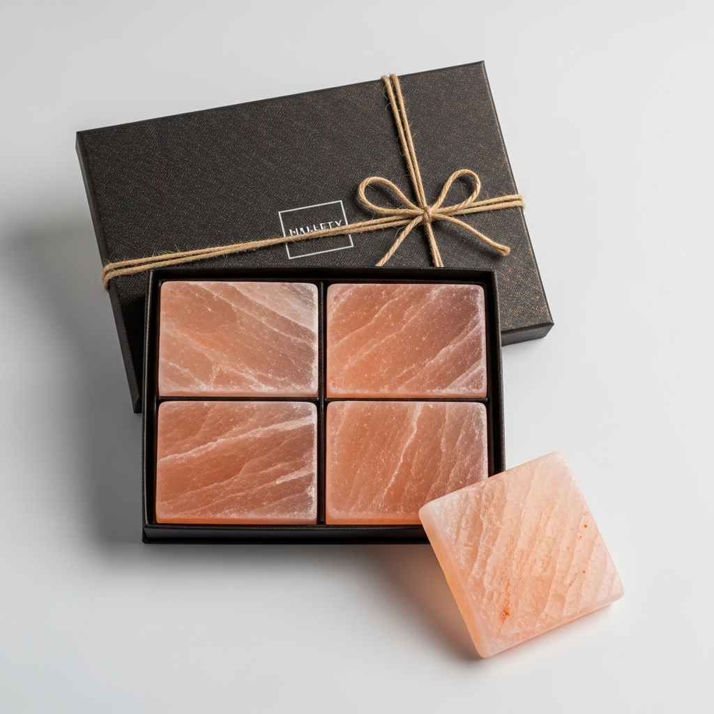 Elegant gift box with four salmon-colored soap bars tied with twine.
