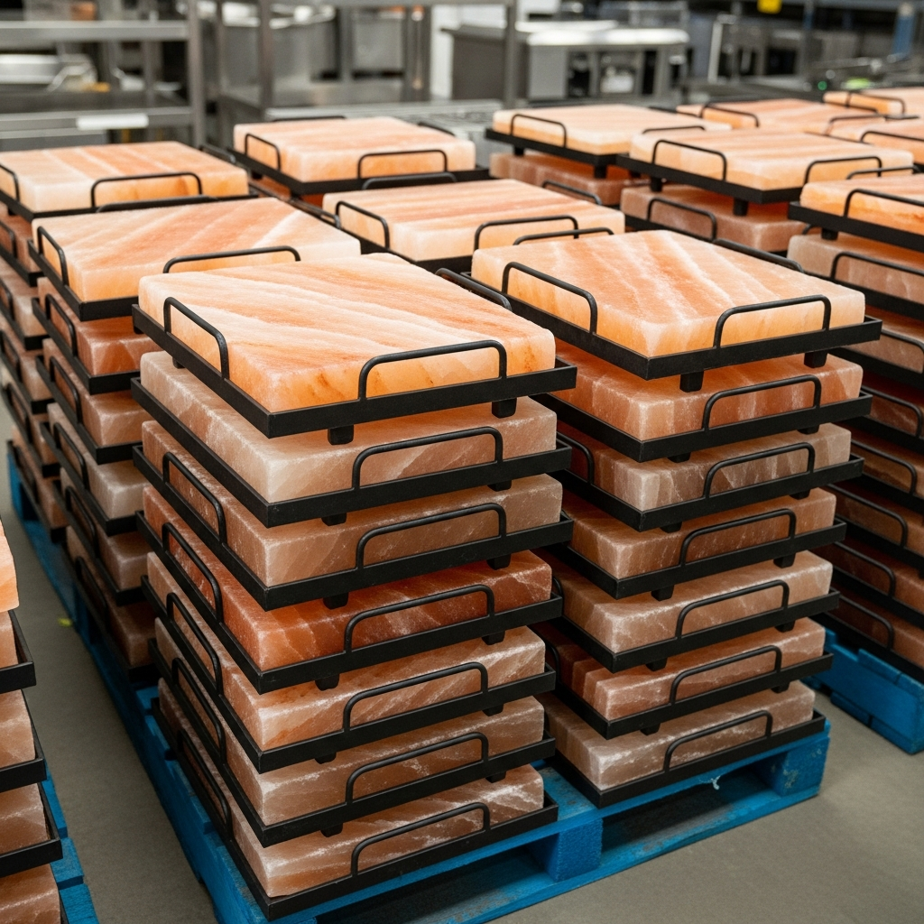 Stacks of packaged salmon fillets on blue pallets in a processing facility.