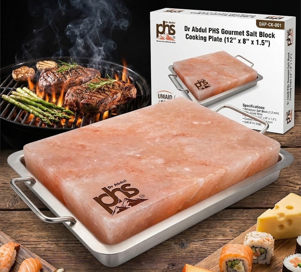 Rectangular Himalayan salt block grill with handles on a tray.