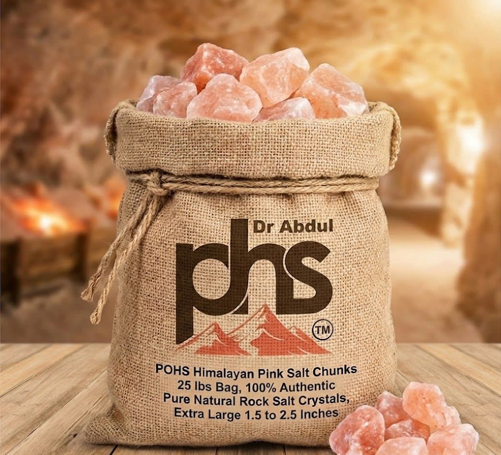 A sack of pink Himalayan salt crystals labeled 'Dr Abdul pbs'.